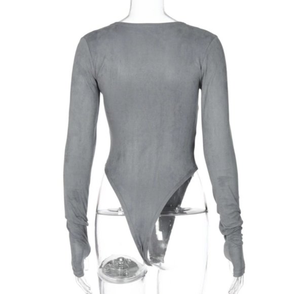 New Grey Long Sleeve Thong Back High Cut Leg Bodysuit - Picture 4 of 5